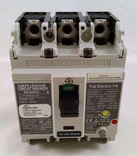 FUJI ELECTRIC SWITCH FA EG103CUL 60 AMP 3-POLE EARTH LEAKAGE CIRCUIT BREAKER