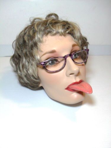 FUNNY(Sticking out tongue)  FIBERGLASS MANNEQUIN DISPLAY HEAD WITH WIG &amp; GLASSES