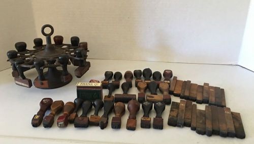 Antique Industrial Rubber Stamp Cast Iron Holder W/ Lot Of 50 Stamps Stampers
