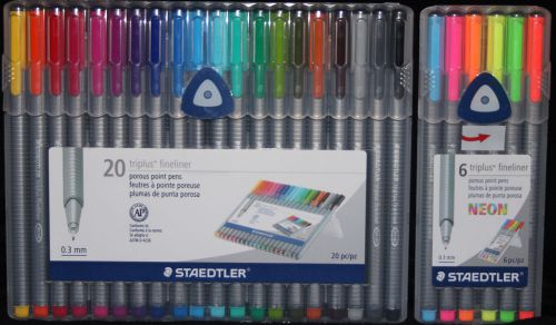 Staedtler Triplus Fineliner Pens, 20 Color Pack 334SB20A604 + 6 Color Neon Set.