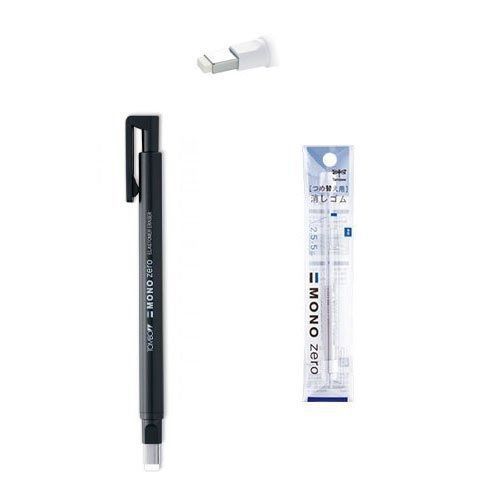 Tombow mono zero pen-style eraser square tip + 2 refills (black barrel) for sale