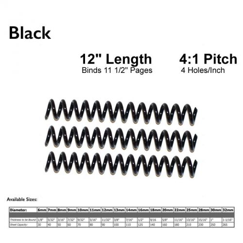 Black Binding Coils 4:1 Pitch - 12 mm 92 Sheet Cap. - 100 coils - FREE SHIPPING