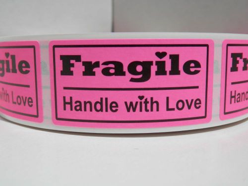 FRAGILE HANDLE WITH LOVE 1x2 fluorescent pink Warning Stickers Labels 500/rl