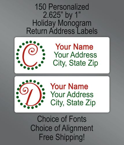 150 Personalized Whismical Christmas Monogram Printed  Return Address Labels