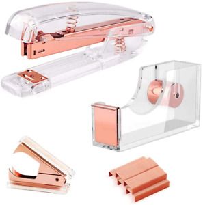 Owfeel Desk Accessory 3 Kits, Rose Gold Stapler  Tape Dispenser Set Includes St