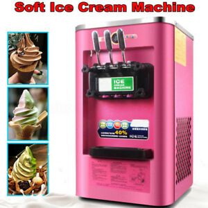 220V 3 Flavor Pink Commercial Frozen Soft Ice Cream Yogurt Cone Machine 13-16L/H