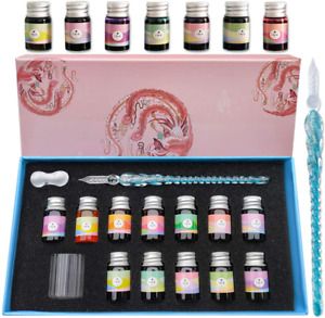 Crystal Glass Dip Pen Ink Set-Dip 12 Color Bottle Art Writing Drawing Calligrapy