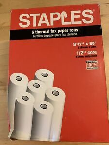 Staples Brand Thermal Fax Paper Rolls 8.5&#034; x 98&#039; 1/2&#034; Core 5 Rolls New OB.