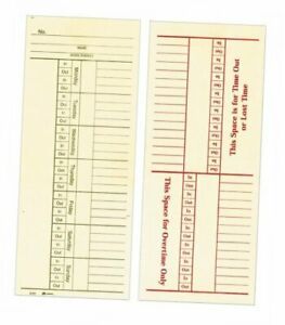 Time Cards, Weekly, 2-Sided, Overtime Format, 3-3/8&#034; x 8-1/4&#034;, Manila,