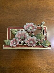 Jeweled Flower Floral Vintage Enameled &amp; Stone  Business Card Holder Stand