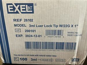 BRAND NEW Exel luer-Lock  3ml(3cc) 22g x 1 in, 1 box of 100 26102 EXP 2023+
