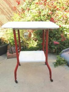 Vtg Industrial Steampunk Metal Typewriter Stand Rolling Cart Side Table Two Tier