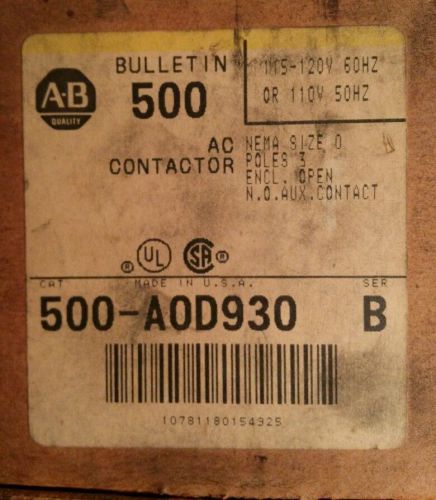 Allen-Bradley 500-AOD93 Series B Size 0 AC Contactor w/ N.O  Aux. contact