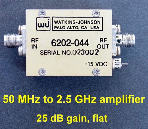 Watkins Johnson wideband RF amplifier,  5-2500 MHz 25 dB gain. 15 V, new tested.