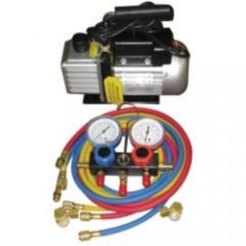 Vacuum pump and aluminum block manifold gauge set with manual couplers for sale