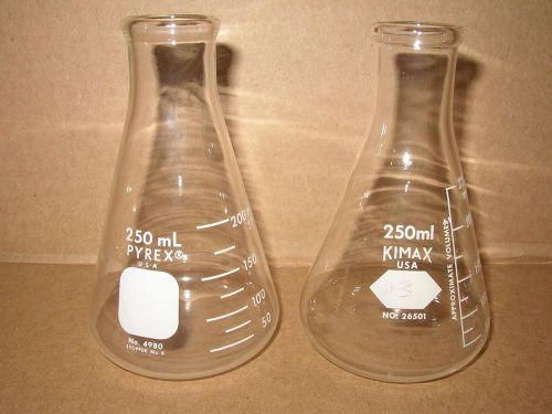 Lot of 2 Erlenmeyer flasks, 250 ml each.  One Pyrex, one Kimax flask.