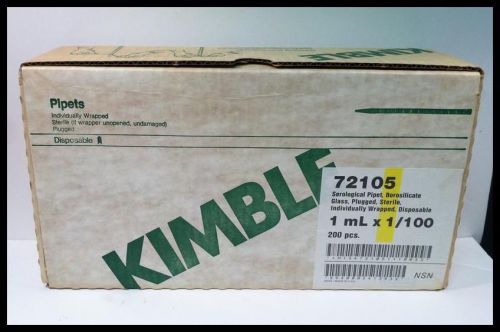 Kimble 200 pcs. 72105 serological pipet borosilicate glass sterile 1ml x 1/100 for sale