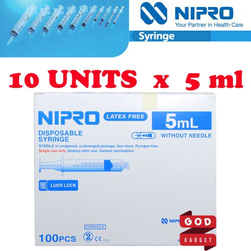 10 x 5ml cc nipro syringe luer lock tip hypodermic sterile latex free no needle for sale