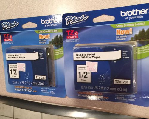 2 Packs Brother P-touch TZe-231 1/2&#034; - Black Print on White Tape - New In Pack