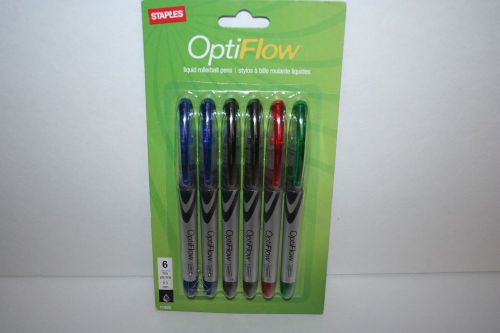 New 1pck of 6 Staples OptiFlow Liquid Rollerball Pens fine tip 0.5mm #11465