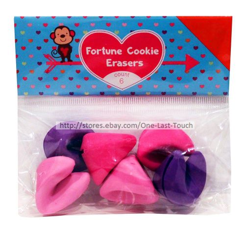 FORTUNE COOKIE*Shaped 6pc Erasers PURPLE+PINK Create Your Own Fortune 1&#034;x1&#034; EACH