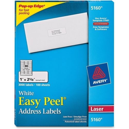 Avery Easy Peel Address Label - 1&#034;Wx2.62&#034;L - 3000/Box -Rectangle -Laser