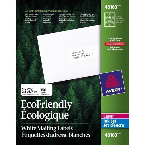 Avery Mailing Label - 1&#034; Width x 2.62&#034; L - Rectangle - Laser, Inkjet - White