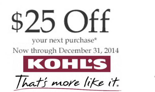 One (1) Kohl&#039;s.Coupon.$25 Off $25,Coupon.Expires 12-31-2014 Valid In Stores Only