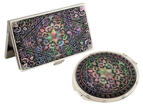 Nacre arabesque Business card holder ID case Makeup compact mirror gift set #81