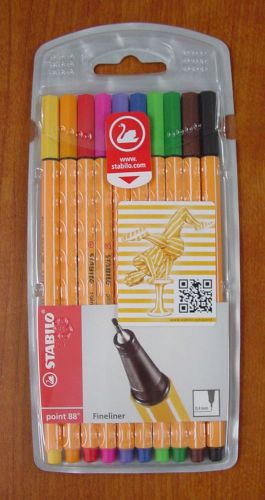 Pack of 10 Stabilo Point 88 Fineliner Pens Assorted Colours Coloured Fine 0.4mm