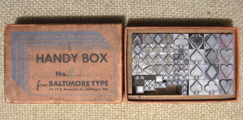 Vintage letterpress baltimore type &#034;handy box&#034; set no. 21 playing card symbols for sale