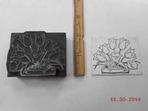 Letterpress Printing Printers Block, Spring Tulip Flowers in Floral Frog, Vase