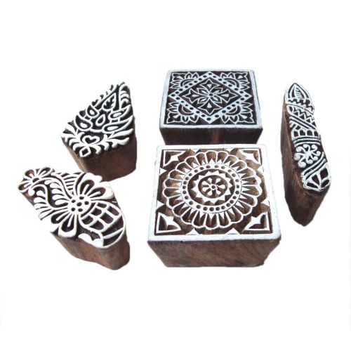 Multi flower designs hand carved wooden block printing tags (set of 5) for sale