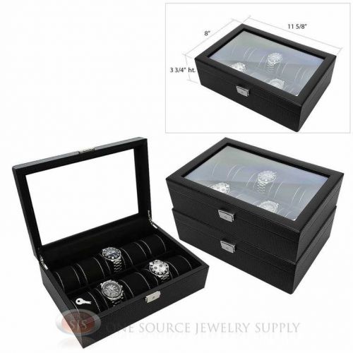 (3) 10 Watch Glass Top Black Carbon Fiber Pattern Leatherette Watch Cases