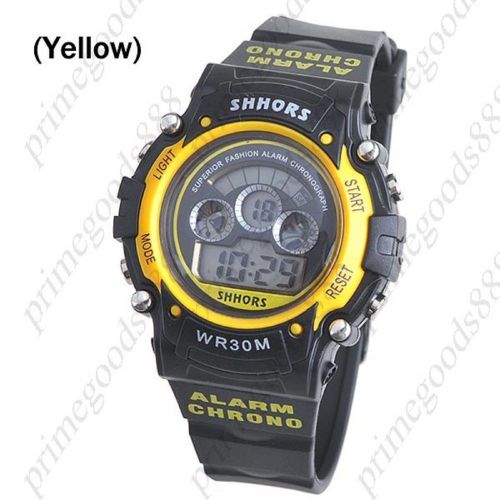Unisex Digital Backlight Wrist Watch Alarm Day Stopwatch in Yellow Free Shipping
