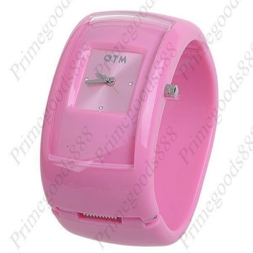 Square Plastic Hoop Bracelet Bangle Lady Ladies Quartz Wristwatch Women&#039;s Pink