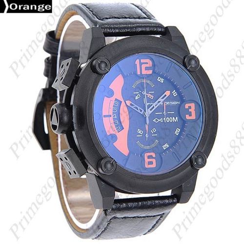 High end black case leather quartz sub dials date men&#039;s wrist wristwatch orange for sale