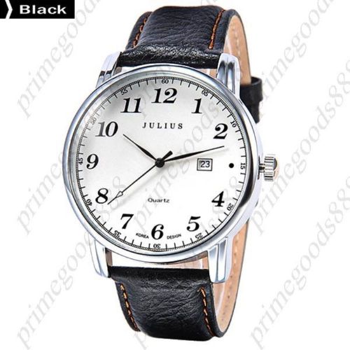 Genuine Leather Men&#039;s Date Analog Quartz Wristwatch Free Shipping Silver Black