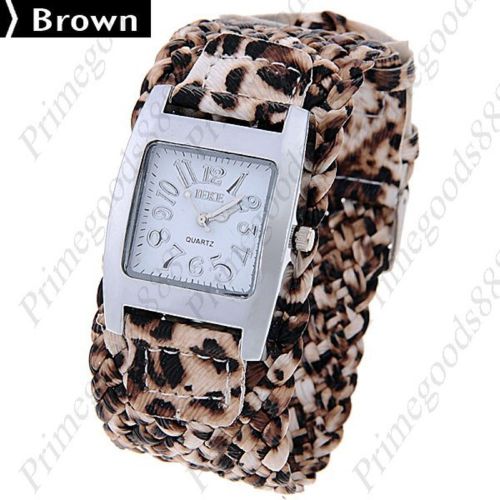 Leopard Wide Square Twin PU Leather Quartz Lady Ladies Wristwatch Women&#039;s Brown