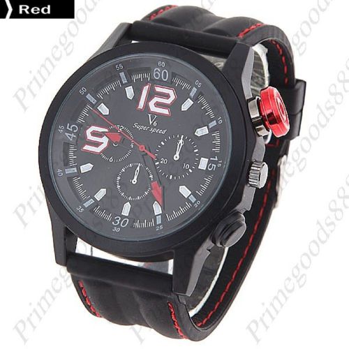 Round rubber analog quartz wrist men&#039;s free shipping wristwatch 3 sub dials red for sale