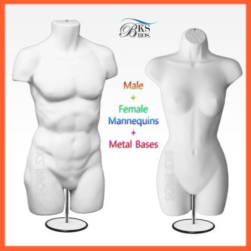 2 PC Mannequins Man + Woman Body Dress Form White Male muscle + Female Clothing