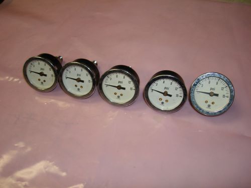 Lot of 5 u.s. gauge usg 0-15 psi 1 1/2&#034; pressure gauge for sale