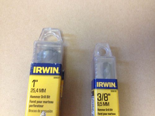LOT OF (2) IRWIN HAMMER DRILL BITS, 1&#034; AND 3/8&#034;, NEW,