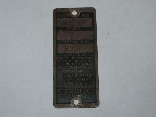 Old Antique Briggs &amp; Stratton Gas Engine Brass Serial Tag Model Z