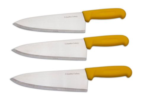 3 Columbia Cutlery 8&#034; Chef Knives - Yellow Handles - Brand New and Very Sharp!