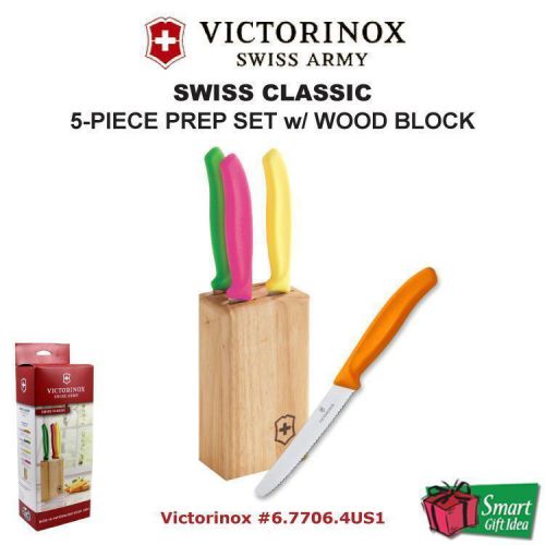 Victorinox cutlery 5-pc prep set, paring/utility knives+wood block #6.7706.4us1 for sale