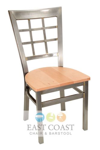 New Gladiator Clear Coat Window Pane Metal Restaurant Chair w/ Natural Wood Seat
