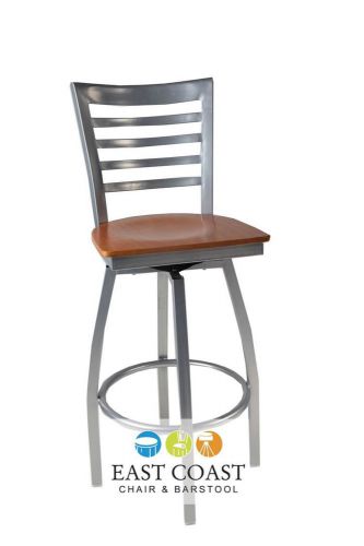 New Gladiator Silver Full Ladder Back Swivel Bar Stool with Natural Wood Seat
