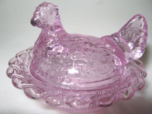 pink rose glass salt celt hen chicken on nest / basket dish rooster chick cellar