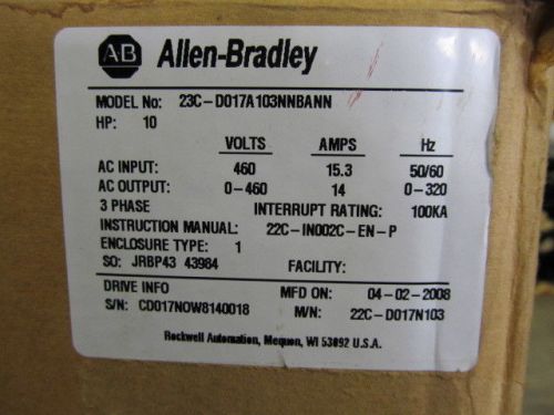 Allen bradley vsd powerflex 400 10hp 460v 3ph 23c-d017a-103nnbann 22c-d017n103 for sale